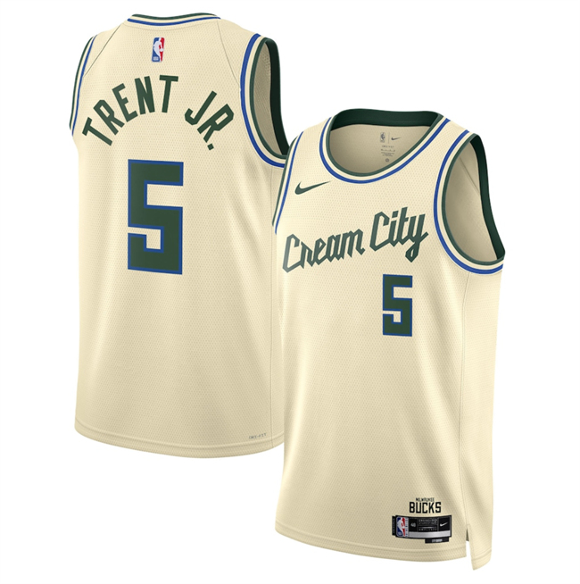 Men's Milwaukee Bucks #5 Gary Trent Jr. Cream 2025/26 City Edition Stitched Basketball Jersey